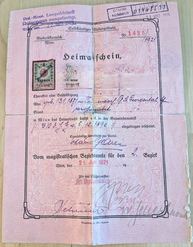Heimatschein österreich 1921 - Österreich,