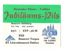 DDR-Etikett 1988 "750 Jahre Oschatz" VEB Brauerei Torgau, BT Dahlen (F7)