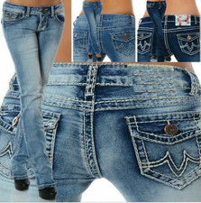 Damen Jeans Hose Hüftjeans Stretch Dicke Naht Gerader Schnitt Bootcut Hüfthose☆