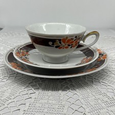 3 tlg. Sammeltasse Untertasse Kuchenteller Sammelgedeck bunte Blumen Vergoldung