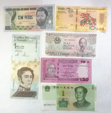 Set 10 Banknoten, 10 Länder plus Ahnen-Banknote China, UNC.