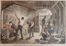 kolorierter Holzstich - Das Räuchern der Bücklinge in Ellerbek ( Pinneberg Fisch