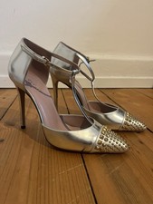 Gucci Pumps  Stud T-Strap Heel Sandals Metallic Silver Gr. 38