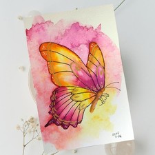 Gelb Rosa Schmetterling in Aquarell A6, Tier Bilder, Kunst, Gemälde, Malerei
