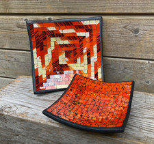 2er Set 23+19 cm orange beige  glas Mosaik Obst Deko Schale Teller Terracotta