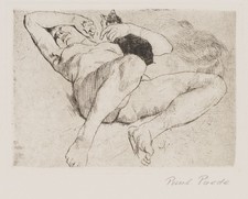 P. PAEDE (1868-1929), Liegende Frau mit Hund, um 1920, Radierung Jugendstil