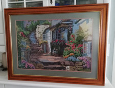 Gobelin Stickbild mit schönen Echtholz-Doppelrahmen teils vergoldet - Handarbeit