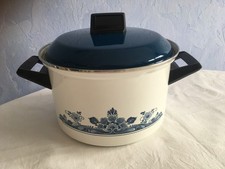 Siegwerk Kochtopf mit Deckel, Emaille Topf, weiß blau, 70er Jahre, Vintage