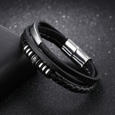 ARMBAND HERREN LEDER EDELSTAHL  MAGNETVERSCHLUSS  SCHWARZ - SILBER BIKER