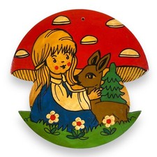 1960er Drei Tannen G: Fliegenpilz-Haus, Br.+Schwesterchen 19cm Märchen-Holzbild