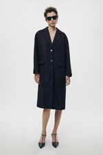 Neu Zara MANTEL Gr. M/L Wollmantel Lang  Dunkelblau