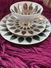 Wunderschönes Sammeltassen Gedeck 3-teilig, Scherzer Bavaria, Grün-Gold