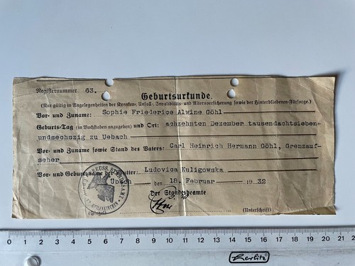 Geburtsurkunde 1932 übach - geburtsurkunde,