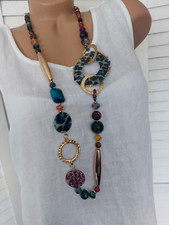 Lange Lagenlook Kette opulente Halskette große Elemente blau bunt gold farbig