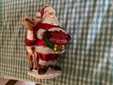 Weihnachtskugel -Figur Weihnachtsmann mit Rentier  aus Glas  15 cm  Rot