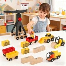 Kran Holzspielzeug Baustelle Junge mit Bagger Muldenkipper Straßenwalze Geschenk