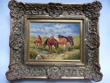 Öl-Gemälde W. Nyokow München Gruppe Pferde, mit Prunkrahmen