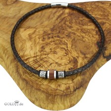 Leder-Kette/Halsband Dunkelbraun mit Firestone-Beads Edelstahl m. Holzeinlage