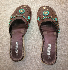 Gr.40 Espandrilles Hausschuhe Wellness Satin Perlen Türkis braun
