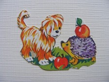 Glanzbild Oblate Poesiealbum Sammlung Kinder alt Tiere Igel Hund klein Herbst