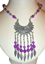 Schmuck Collier 48 cm Kette Indianer Style lila Achat Tibet Silber Folklore