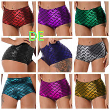 DE~Damen Glänzende Fischschuppe Booty Shorts Höschen Metallic Hotpants Wetlook  