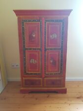 Indisches Kommode Handbemalt in Rot mit Katzen Motiven Holzschrank 77x37x122 cm