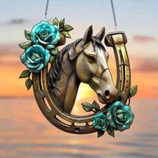 Hufeisen Glück Rose Blume Sonnenfänger Buntglasoptik Hängedeko Geschenk