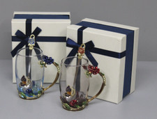 2x Emaille-Blumen-Tee Glas-Tasse Kaffeetasse, Glasbecher, Blaue Rose mit Löffel