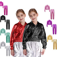 Mädchen Metallic Jogginganzug Glänzend Jacke und Jogginghose Hip Hop Jazz Tanz 