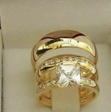 14K Gelb Vergoldet Moissanit Hochzeit Ihn Sie Trio Ring Set