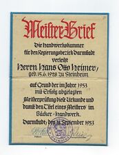 Meisterbrief, Bäckermeister 1953 in Steinheim, Handwerkskammer Darmstadt