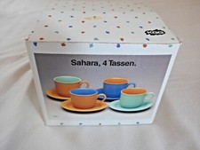 4 kleine Tassen mit Untertassen Keramik bunt farbig Handarbeit OVP - sehr gut