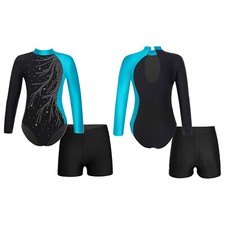 DE Kinder Gymnastikanzug Mädchen Glitzer Turnanzug Langarm Tanzbody mit Shortss