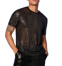Herrenshirt Mesh T-Shirt Shirt Top Transparent Kurzarm Netz Glitzer Strass S-XXL