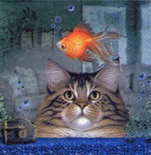 3 Cocktail Servietten ~ Tiere, Katze und Goldfisch in einem Aquarium ~ 25x25