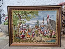 Wunderschöner Wandteppich, Gobelin Gerahmt, Stickbild, Lagerleben, Petit Point