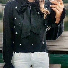 Damen Langarmbluse  Perle Schleleife  Elegant V Ausschnitt Schwarz Glockenarmeln