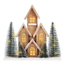 LED Holz Häuserzeile mit Tannen - 32 cm - Weihnachten Tisch Deko Haus Batterie