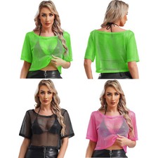 Damen T-shirt Mesh Hemd Vintage Tops Kurzarm Oberteile Disco Crop Top Netz Tee
