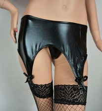 Damen Wetlook Leder Strapsgürtel + String schwarz Gr. 34-38 Strapshalter Clips