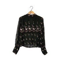 Zara olivgrüne bestickte geblümte Langarm Rüschen Bluse - Größe S