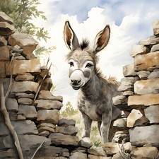 Wandbild Esel Steinmauer Deko