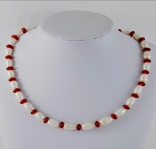 1 x Echte Süßwasser-Natur-Perlen-Halskette 30 cm-60 cm Weiß/Rot Achat AAA-Ware
