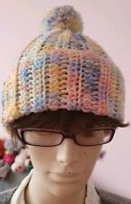 Damenmütze Mütze gehäkelt Bommel Wolle Gelb Bunt Blau Rosa Polyacryl 