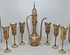 Vintage Messing Set Mit 1 Wasserkrug Krug & 6 Brille Original Alte Handarbeit