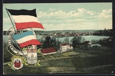 Künstler-AK Ratzeburg, Teilansicht, Rettungsring, Fahne und Wappen 1915 