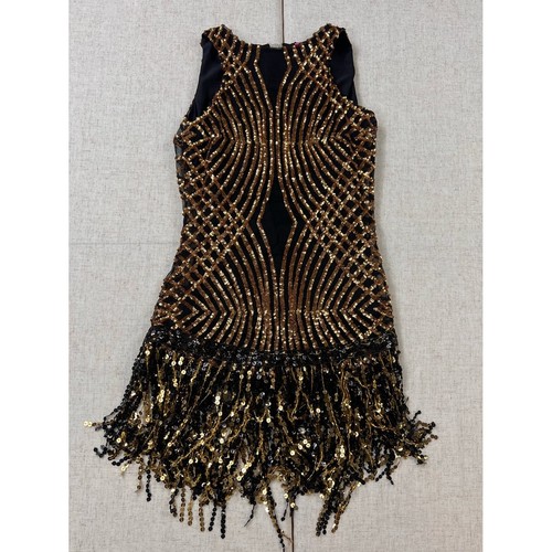 Gold black sequin fringe - black,