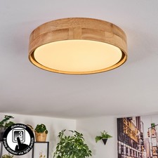Dimmbare Deckenleuchte, moderne Lampe, Metall-Holz-Kombination in Natur-Weiß