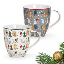 Jumbo Tassen Weihnachtstassen Bäume & Eicheln weiß & grau Porzellan 2er Set 10cm